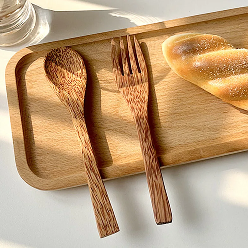 Natuurlijke kokosnoot houten handgemaakte lepel vork mes voor eten voor dessert fruitsalade mengen houten handgemaakt kokosnoot servies