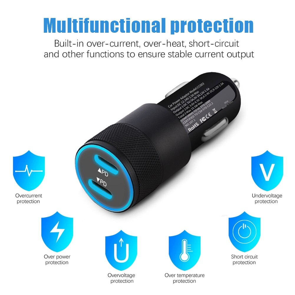 20w+20w- fach kfz-ladeadapter mit 40w  pd 2 -ports, intelligentem schutz und usb-typ-c-schnellladefunktion für iphone, samsung, huawei und xiaomi