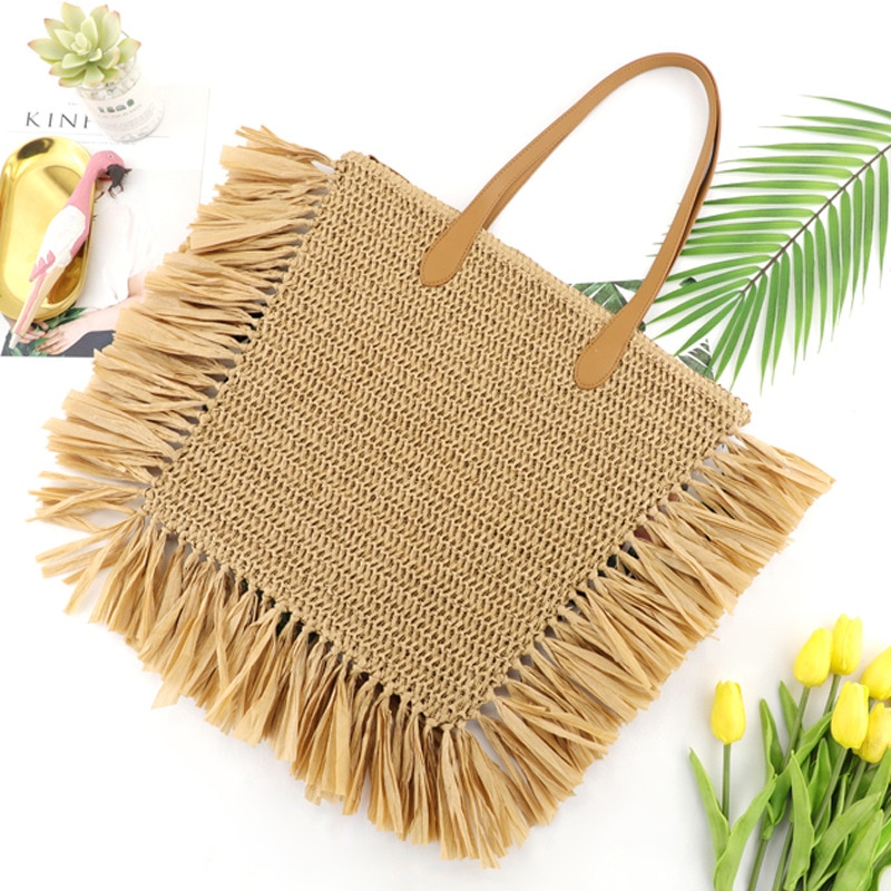 raw edge mustache tassel straw bag large capacity shoulder woven bag casual female beach handbag Woman shopping bag