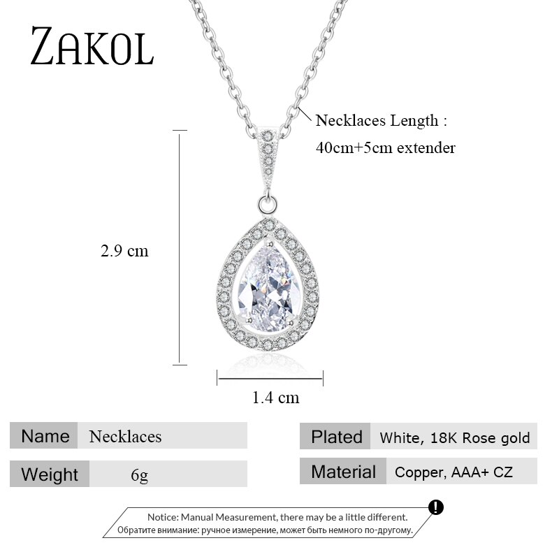 Zakol moda limpar gota de água zircão pingente colar de cristal brilhante nupcial casamento jóias para a menina presentes fsnp077