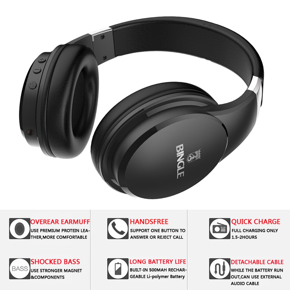 BINGLE FB110 Headphones Sport CSR Stereo Muisc Earphone Wireless Bluetooth Over Ear Game Headset 3.5mm AUX In Hands-free w/Mic