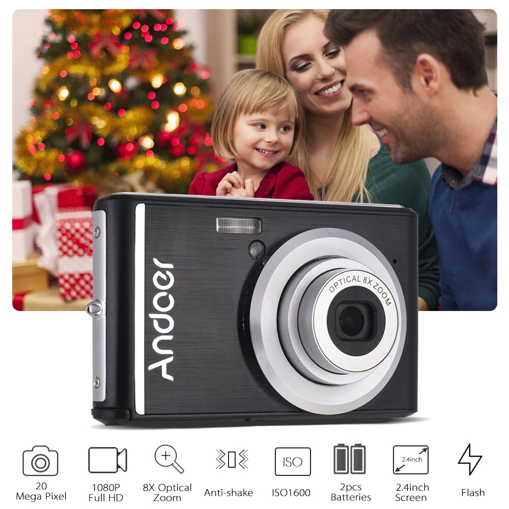 Andoer 20MP appareil photo numérique FHD caméscope vidéo avec 2 pièces Batteries rechargeables 8X Zoom optique Anti-secousse enfants de noël