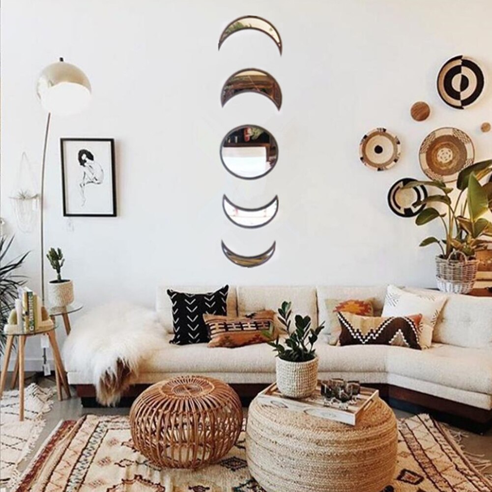 5pcs Ornament DIY Wooden Frame Wall Mirror Office Living Room Home Decor Shatterproof Nursery Bedroom Moon Phase Apartment: Black