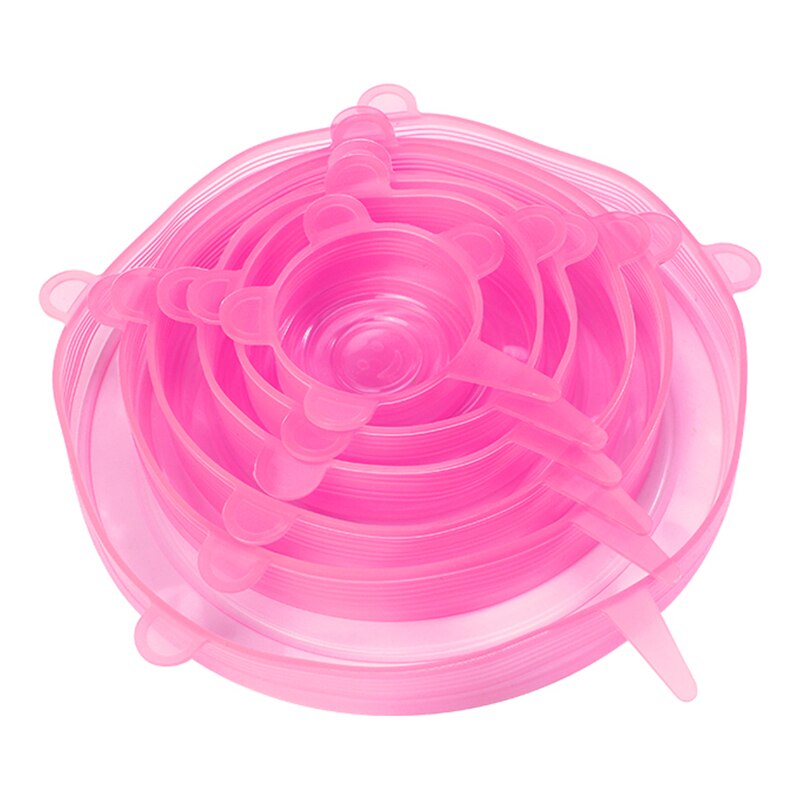 6 Piece Kitchen Retractable Silicone Cover Microwave Oven Cover Universal Food Preservation Refrigerator Cookware Reusable: 6pc pink
