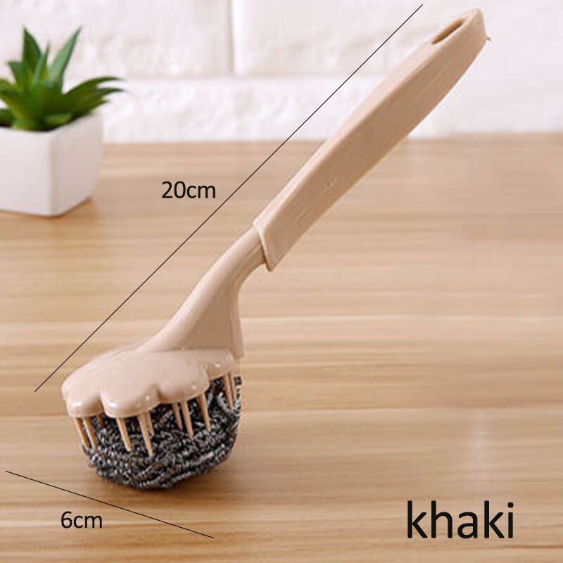 Cepillo de bola de alambre de acero inoxidable de utilidad, cepillo de limpieza con mango largo para colgar en la cocina, herramientas de limpieza en profundidad, 1 Uds.: khaki
