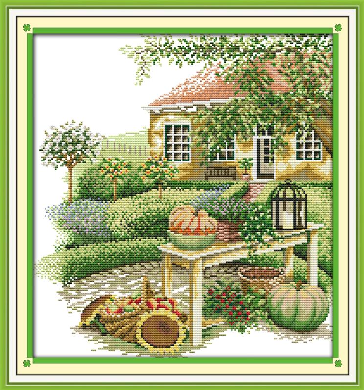 Glädje söndag grön homestead broderi korsstygn kit räknade tryckt duk 14ct 11ct gör-det-själv handgjort handarbete: F481 / 11ct vita tyg