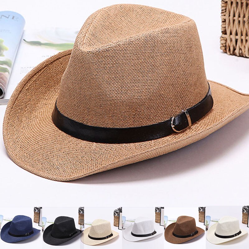 Men Straw Cowboy Hat Classic Western Cowboy Sun Hats for Summer Beach -OPK