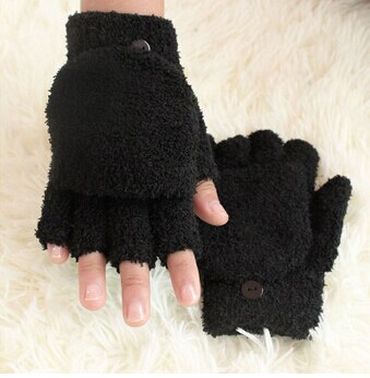 Kids Gloves Baby Girls Coral Velvet Dual-use Clamshell Half Finger Gloves: black