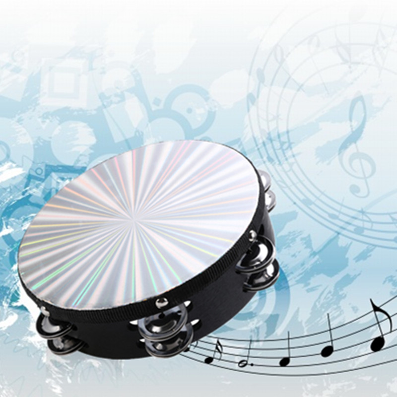 8'' Musical Tambourine Reflective Percussion Wood Frame Double Row Metal Jingle Church Band Musical Instruments For Party