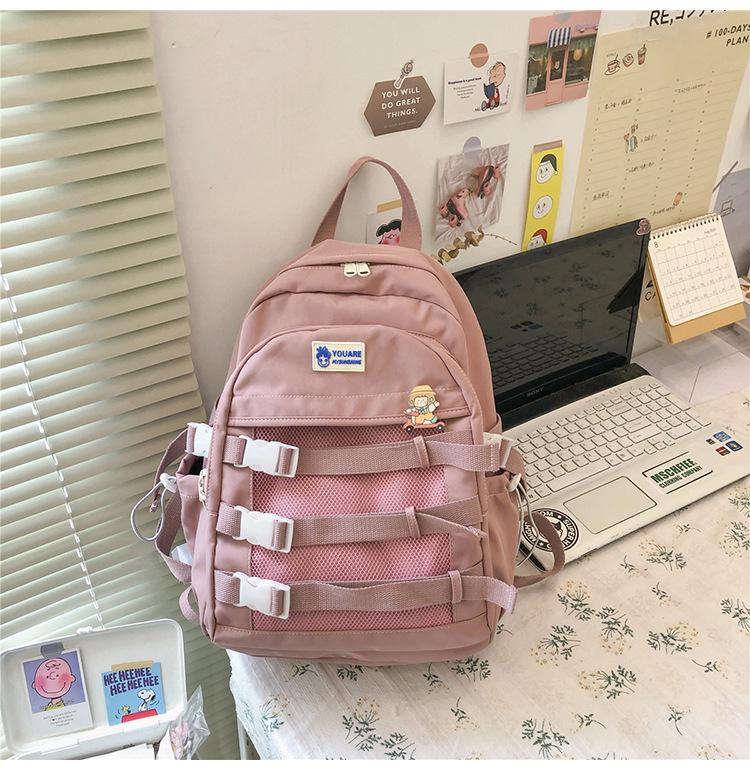 Mesh Hollow Backpack Large Capacity Women Men School Backpack Nylon Shoulder Bag Laptop Teen School Bag Mochilas Unisex Backpack: Pink