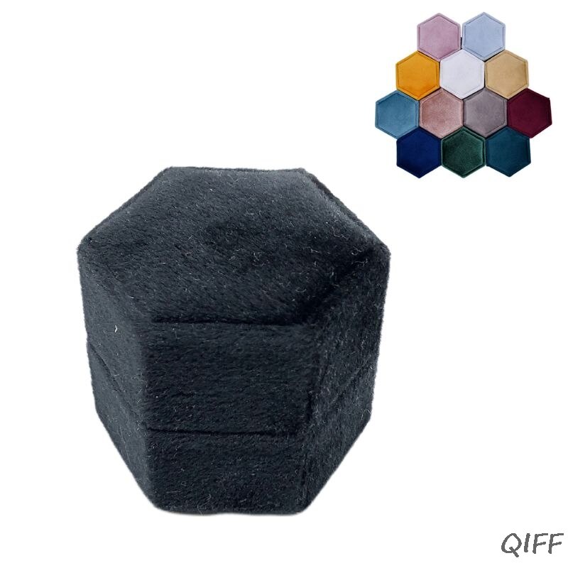 Velvet Double Ring Box Hexagon Wedding Ceremony Ring Box for proposal, engagement, wedding with Detachable Lid: H