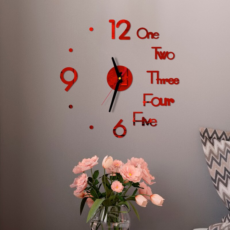 25 # Diy Wandklok 3D Spiegel Stickers Horloge Voor Woonkamer Decoratie Oppervlak Sticker Home Office Decor Klok Acryl spiegel: Red