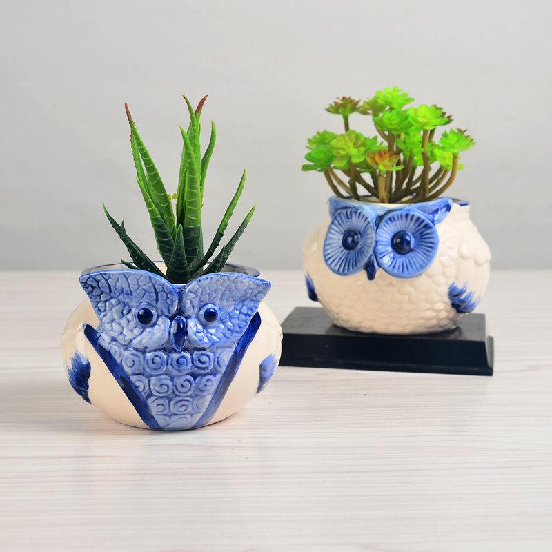 Handgeschilderde Bloempotten Plantenbakken Blauw Gekleurde Olifant Uil Schoenen Vaas Leuke Bloem Vaas: 2pcs owl  random