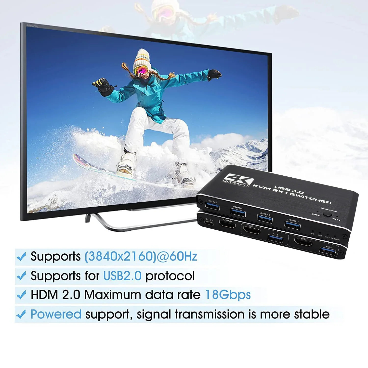 HDMI-compatible KVM Switch USB KVM Switch USB 3.0 Switcher 2 In 1 Out 4K for 2 PC Sharing Keyboard and Mouse EDID / HDCP Printer