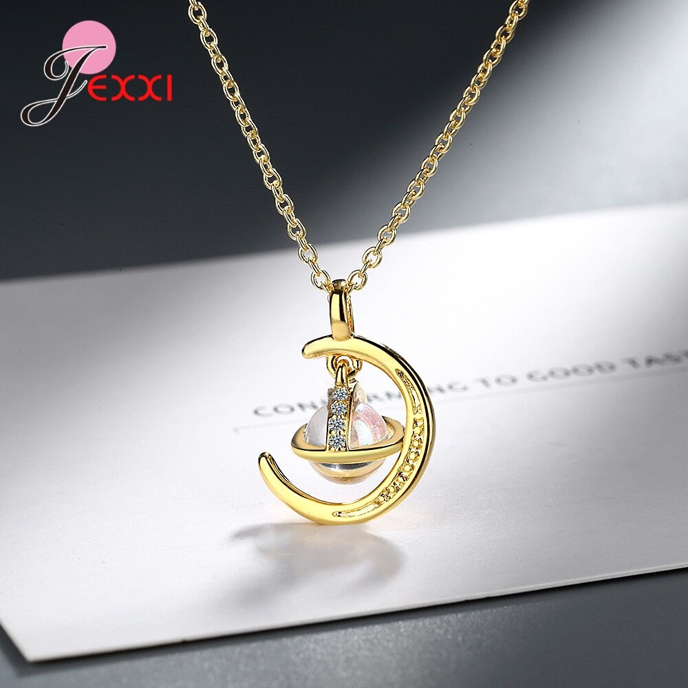 925 Sterling Silber Crescent Mond & Zirkon Planet Anhänger Halsketten für Frauen Zubehör S925 Kette Halsband