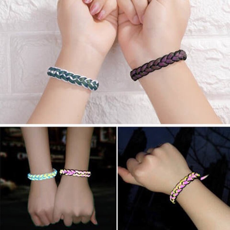 Holographic Reflective Peach Heart Bracelet Couple Color Changing Bracelet Man and Woman Students Safety Hand-Woven Bracelet