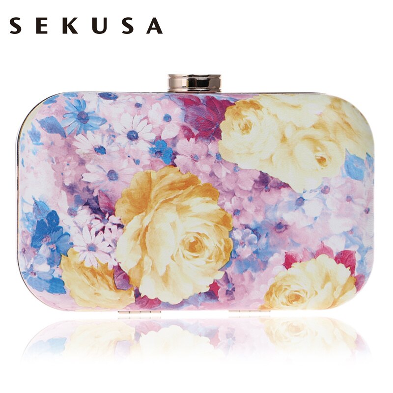 SEKUSA Gedrukt Bloemen Vrouwen Avondtassen Pu Mode Applicaties Chain Schouder Clutch Metalen Kleine Lady Wedding Party Avondtassen