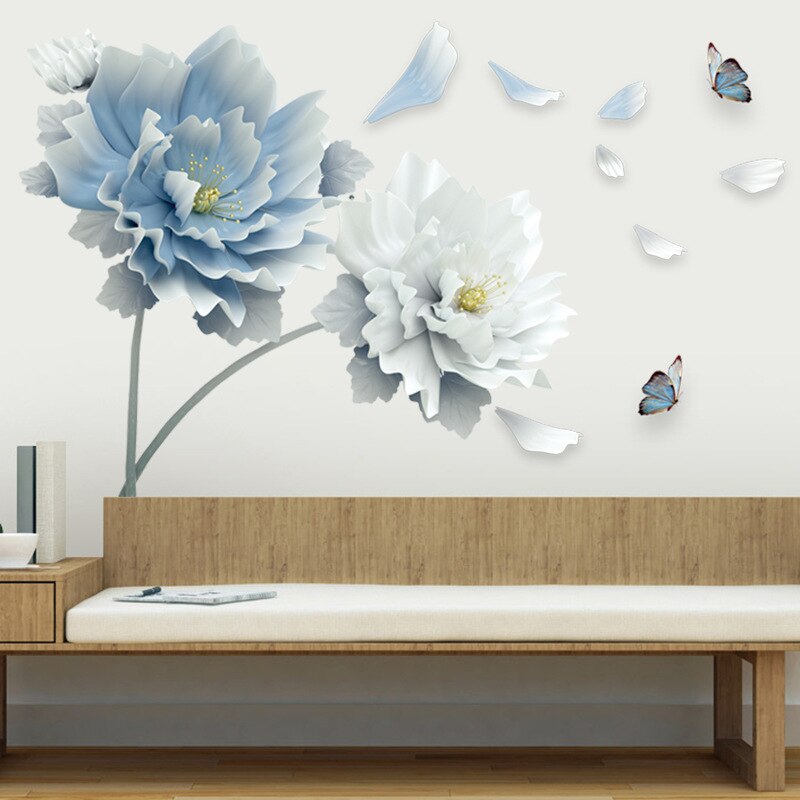 Grote Witte Blauwe Bloemen Muurstickers Lotus Vlinders Verwijderbare 3D Muurdecoraties Muurschildering Woonkamer Slaapkamer Decor