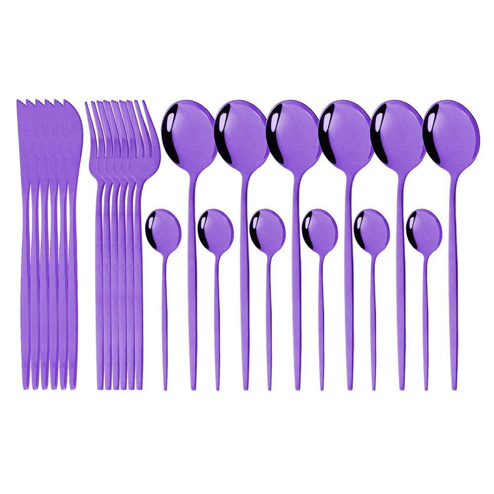 Pink Gold Cutlery Set Stainless Steel Dinnerware Set 24Pcs Knives Forks Coffee Spoons Flatware Set Kitchen Dinner Tableware Set: Purple