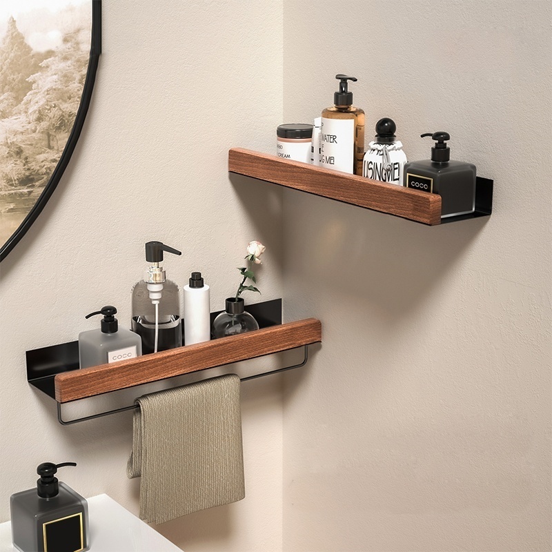 Estante esquinero de material de aluminio y madera, estante de almacenamiento para champú, estante de pared para ducha, organizador de baño, accesorios de baño