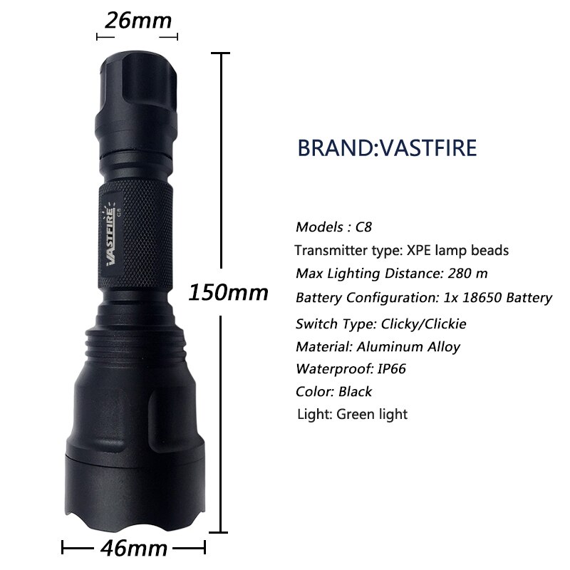 Linterna LED C8, 1 modo de iluminación, luz verde, para montar por la noche, acampar, senderismo, caza y actividades en interiores, 18650