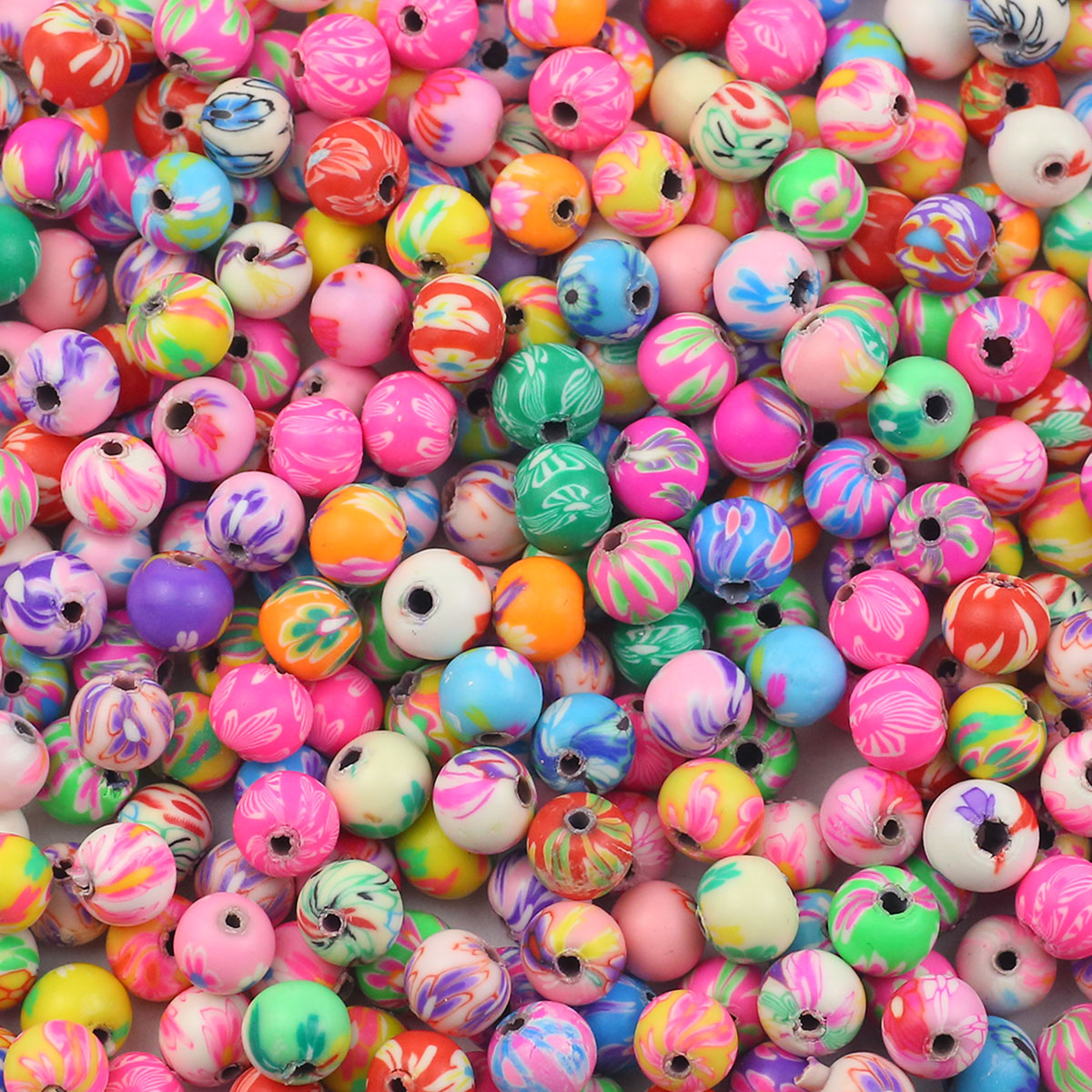 50 Uds. De cuentas redondas sueltas con patrón de flores de arcilla suave colorida de 6/8/10/12mm para fabricación de joyería, pulseras, collares, suministros para manualidades: Blanco