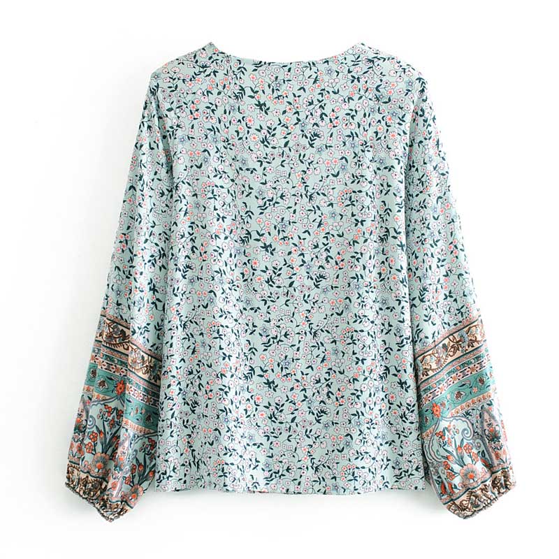 Boho inspirert øy bluse bohem lilla floral langermet bomull dame topper button down casual dame bluser sommer topp