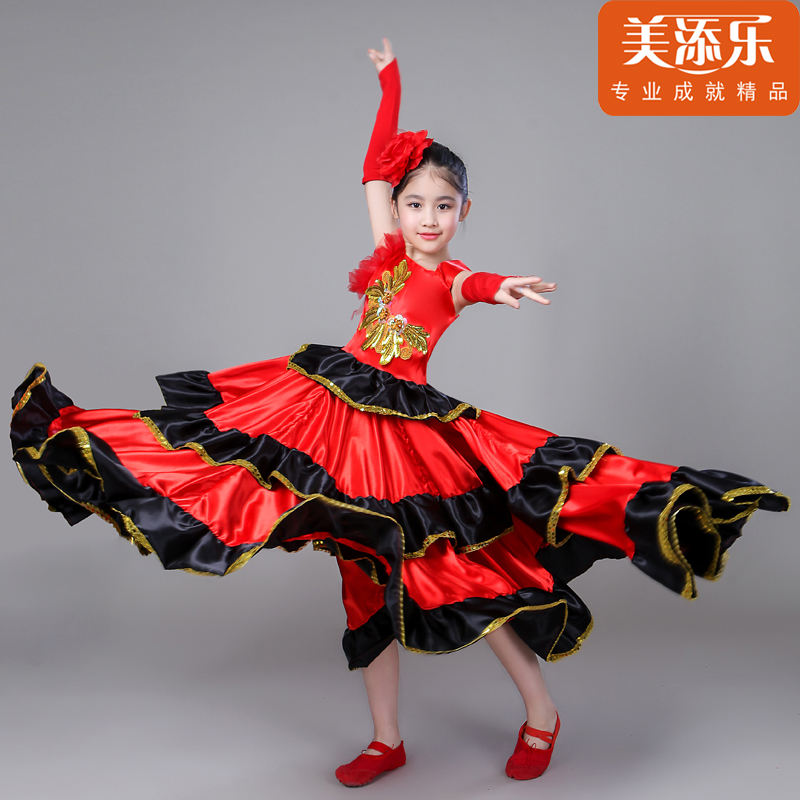 Children Spanish Bullfight Dress Flamenco Costume Princess Girls Opening Dance Full-skirt Plus Size Swing Dancing Dress H549: Red360 / S