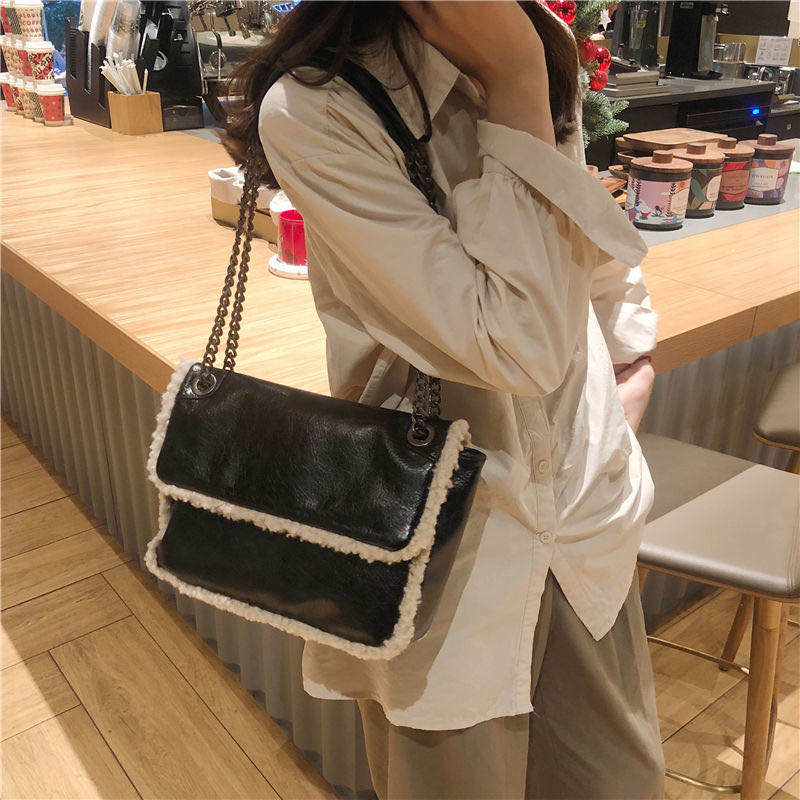 Kvinders kæde håndtaske læder sammensat taske kvinde vintage sort taske totes fnug indkøbstaske vinterpels crossbody taske
