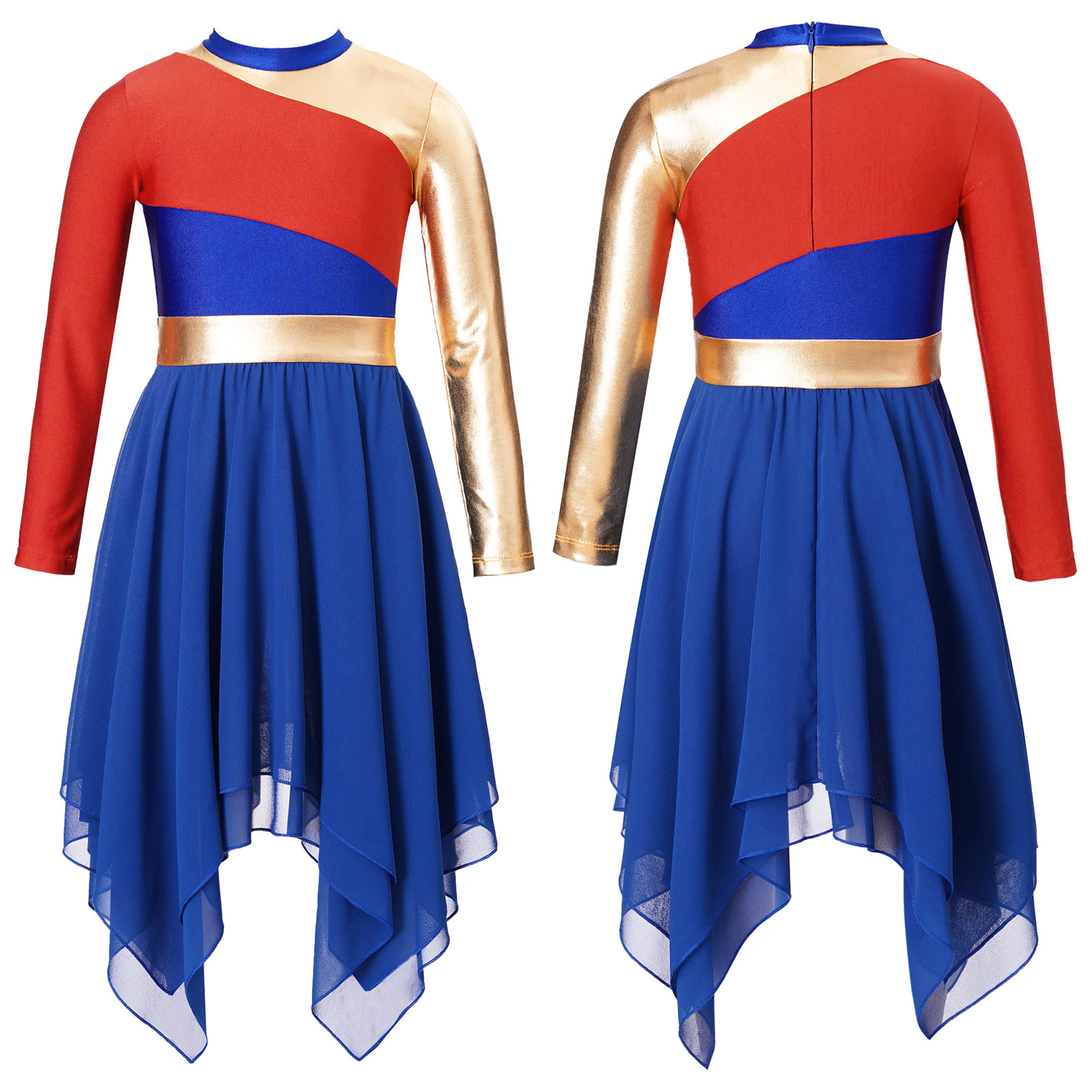 Kids Girls Praise Lyrical Dance Dress Ballroom Dancing Church Choir Worship Costume Long Sleeve Contrast Chiffon Dress Dancewear: XL / Beige