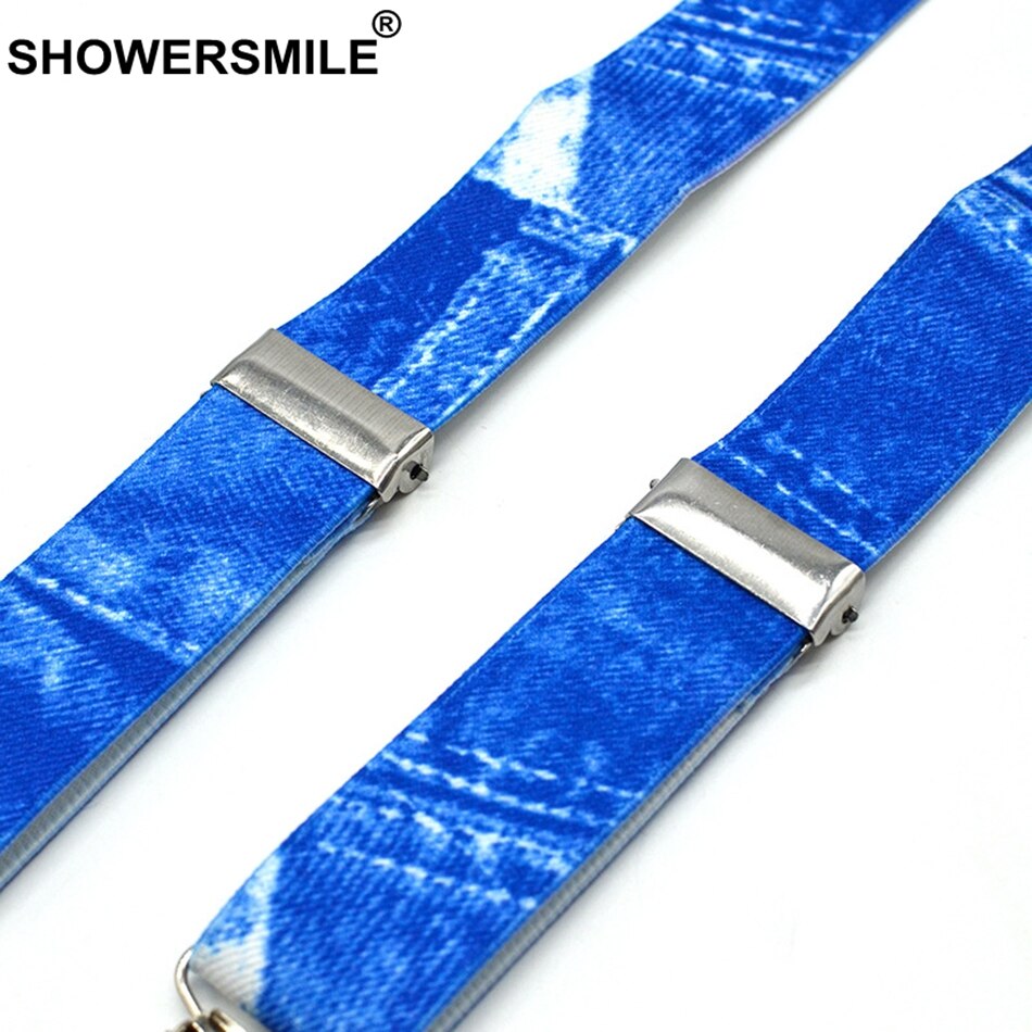 Showersmile drenge seler print denim blå seler og butterfly sæt børnelæder 4 klips elastisk justerbar børnebukserem
