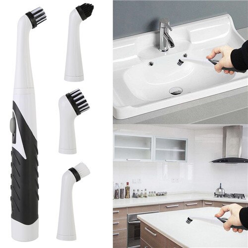 4 in1 Electric Sonic Scrubber Cleaning Brush Household Cleaner Brush with 4 Brush Heads brew: Black and white