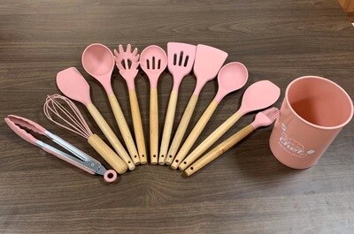 JOYLOVE 11 Uds conjunto de utensilios de cocina de silicona, mango de madera sólida rosa con caja de almacenamiento, Kit de utensilios de cocina accesorios de herramientas de cocina: Pink