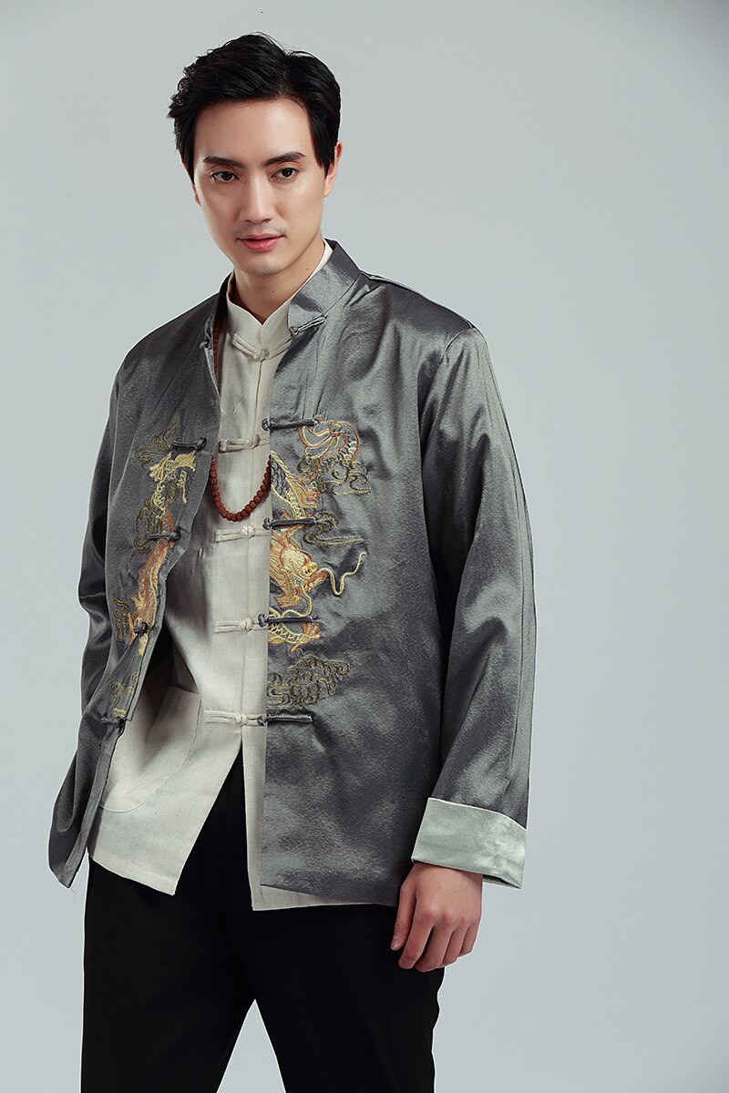 Chaqueta de dragón bordada de estilo chino tradicional para hombre, Hanfu, blusa, traje Tang, camisas de kungfú, Tops, chaqueta: gray / XXL