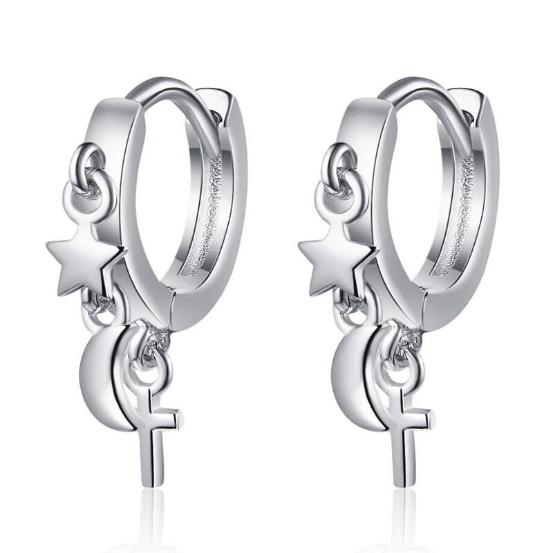 KOFSAC-pendientes de plata de primera ley con forma de luna y estrella para mujer, aretes pequeños, plata esterlina , Cruz, Estilo Vintage, de cumpleaños, 925: Silver