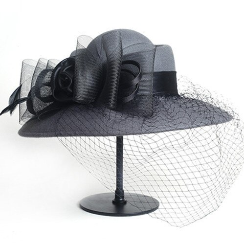Femmes Floppy Chapeau Laine Floral Voile Filet Plume Large Bord Derby Chapeau Feutrés Occasion Formelle Dance Party Summer Beach Chapeau