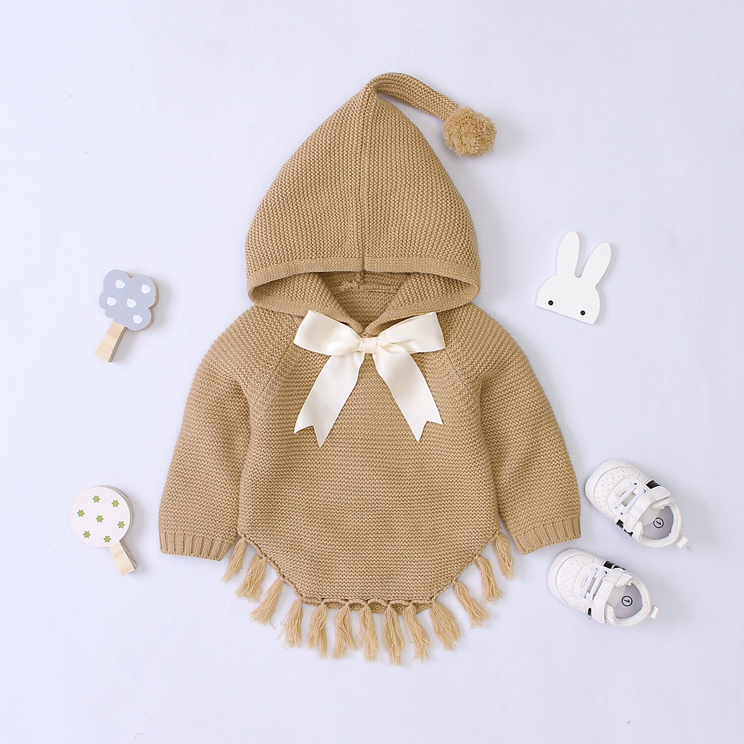 Herfst Winter Peuter Baby Meisjes Knit Tassel Jasje Uitloper Hooded Fall Herfst Mode Kleding: Bruin / 90