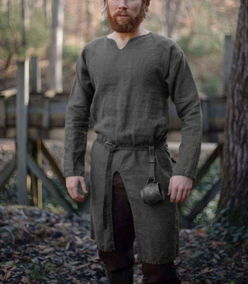 Medieval Linen Tunic Men's Men's Linen Shirt, V-Neck Shirt, Long Sleeve Casual Summer Shirt, Button Cuff: L / GRAY