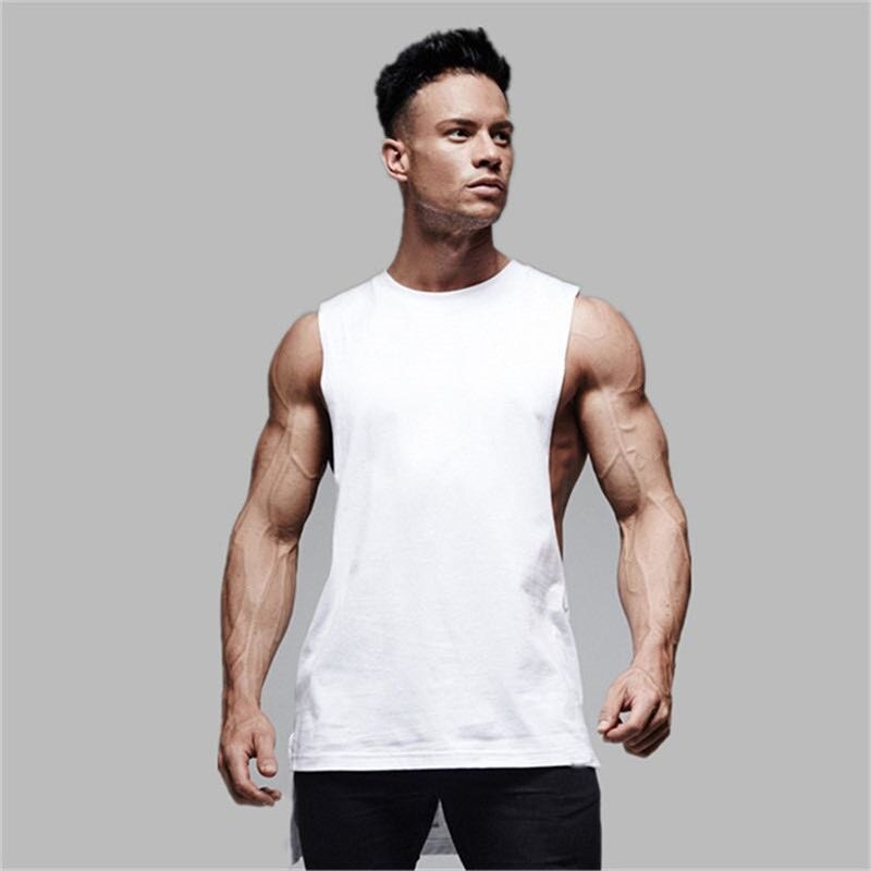 Mens Casual Tank Top Gym Fitness Workout Katoen Mouwloos Shirt Zomer Kleding Mannelijke Verlengen Lange Singlet Hip Hop Vest: M / WHITE