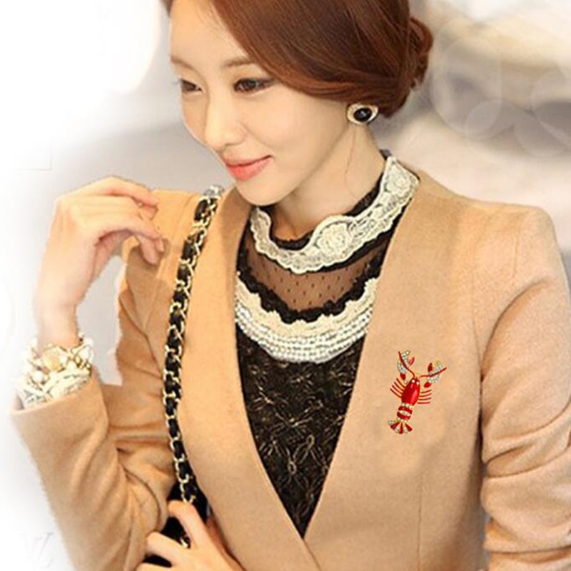 Cute Red Crystal Women Brouches Rhinestone Lobster Brooch Pin Strass Broches Clothing Accessories