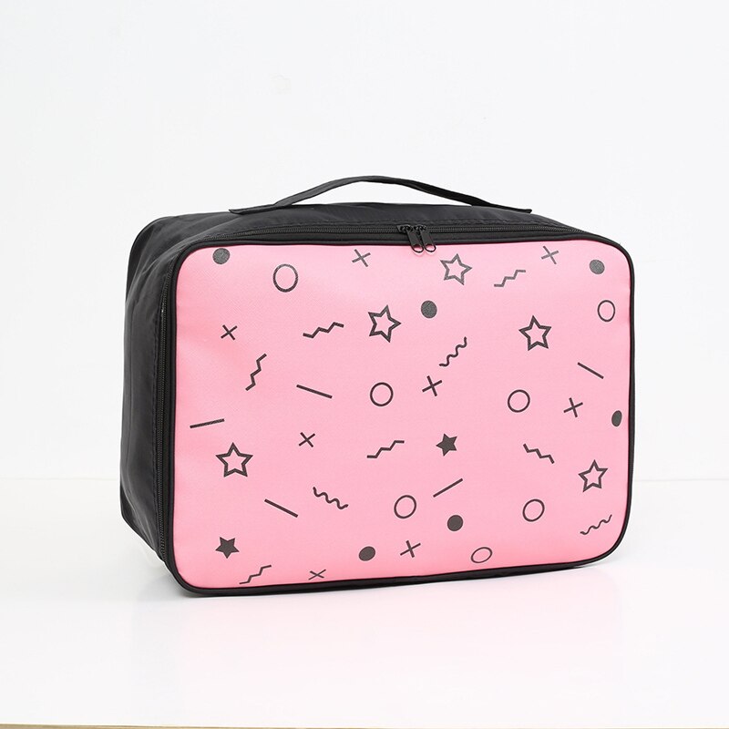 Bolso para cosméticos con caricaturas para mujer, estuches de maquillaje portátil, gran capacidad, almacenamiento de artículos de aseo, bolso organizador de maquillaje, bolsa de viaje,: Pink geometric L