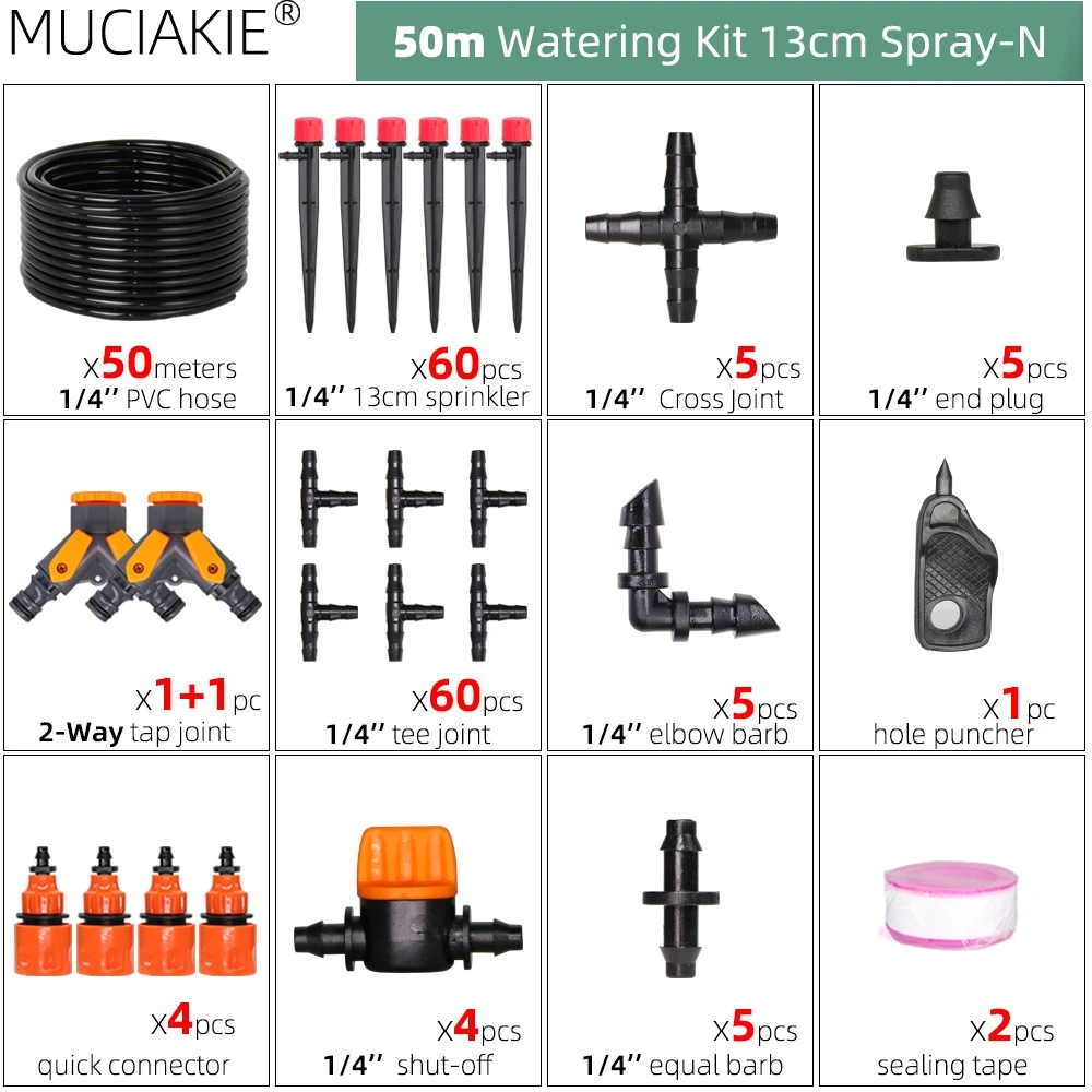 13CM Drip Irrigation System 1/4'' Hose Adjustable Sprinkler Kit 4-Way Micro Watering Flow for Garden Flowers Vegetables: PURPLE