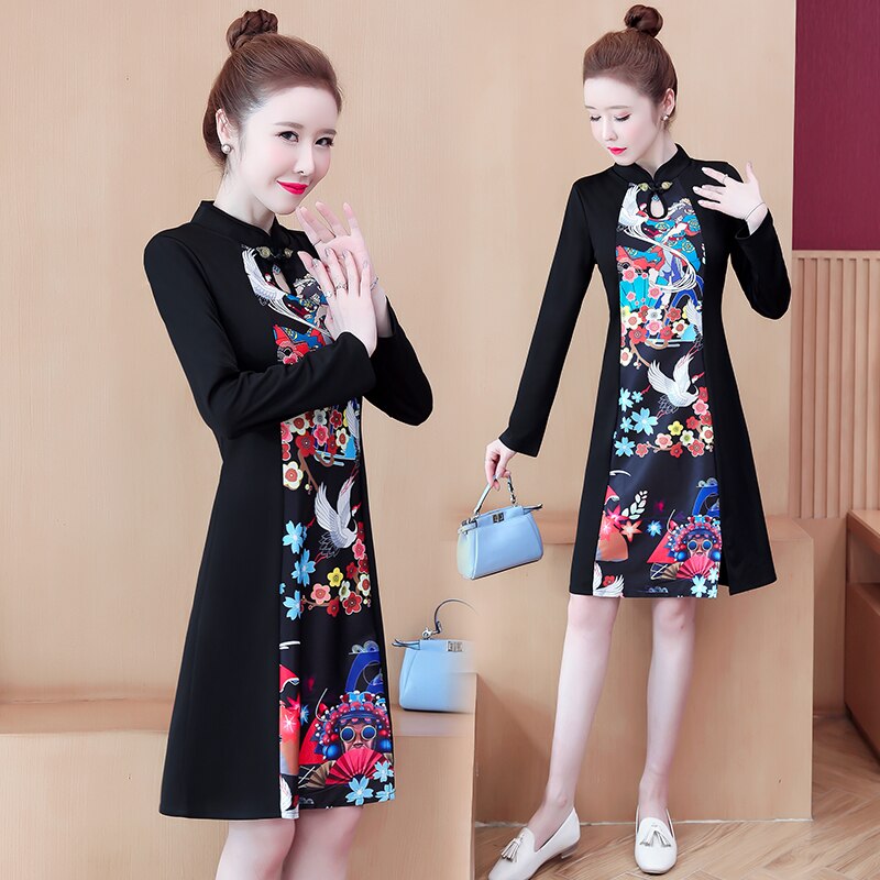 Vestido de verano de talla grande, negro, Vintage, Chino, Tradicional, informal, , manga larga, M-4XL