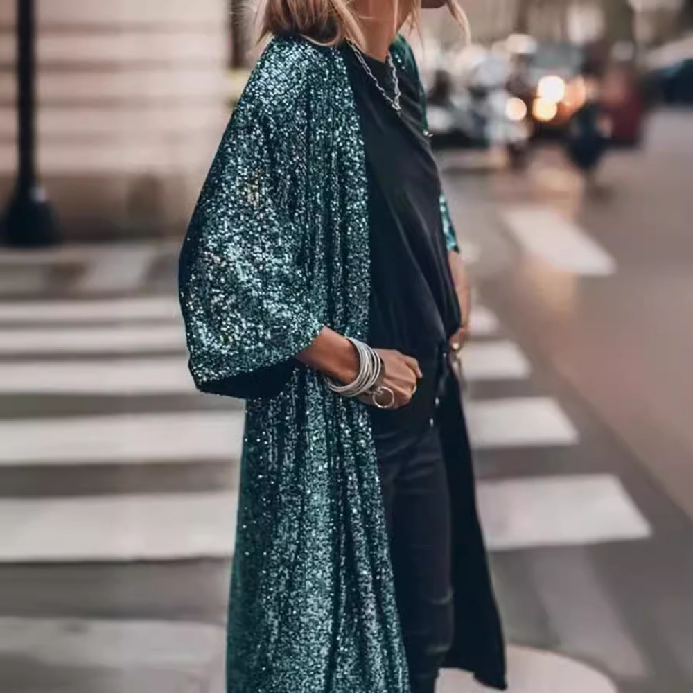 Dam paljettlång kappa glansig festjacka