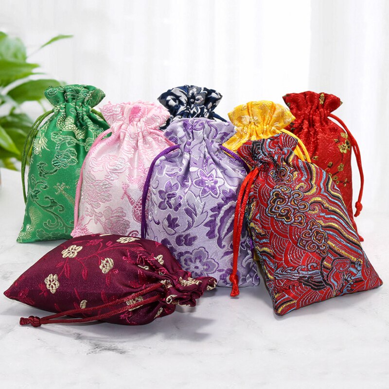 Zijde Sieraden Opbergtas Pouch Tas Kleine Satijnen Portemonnee Chinese Brocade Geborduurde Trekkoord Bag Voor Ring Sieraden