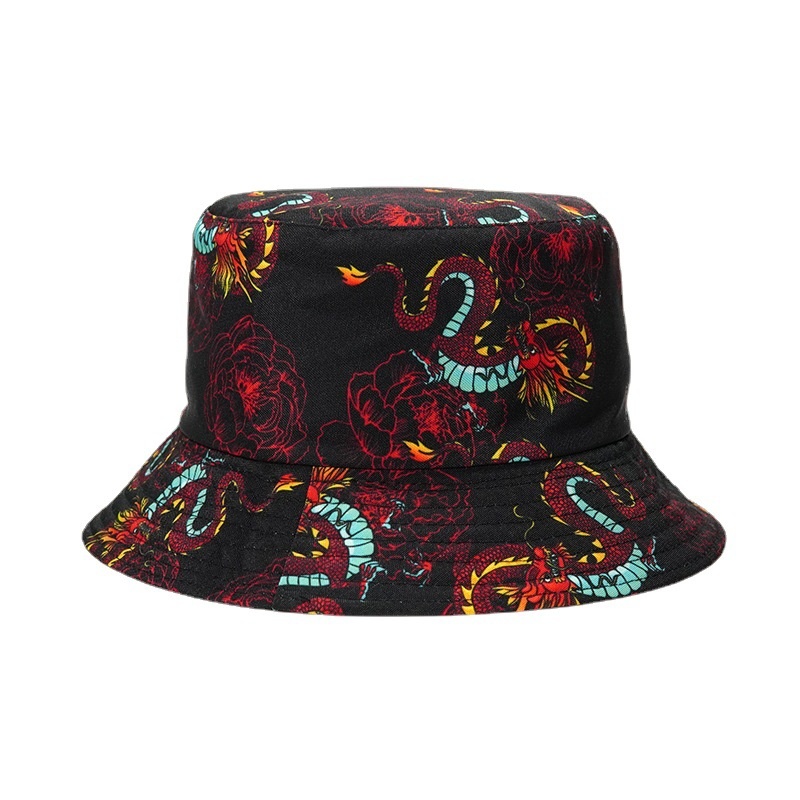 Korean Harajuku Hat Reversible Bucket Hats Men Dragon Print Hip Hop Caps Women Fishing Fisherman Hat: Black
