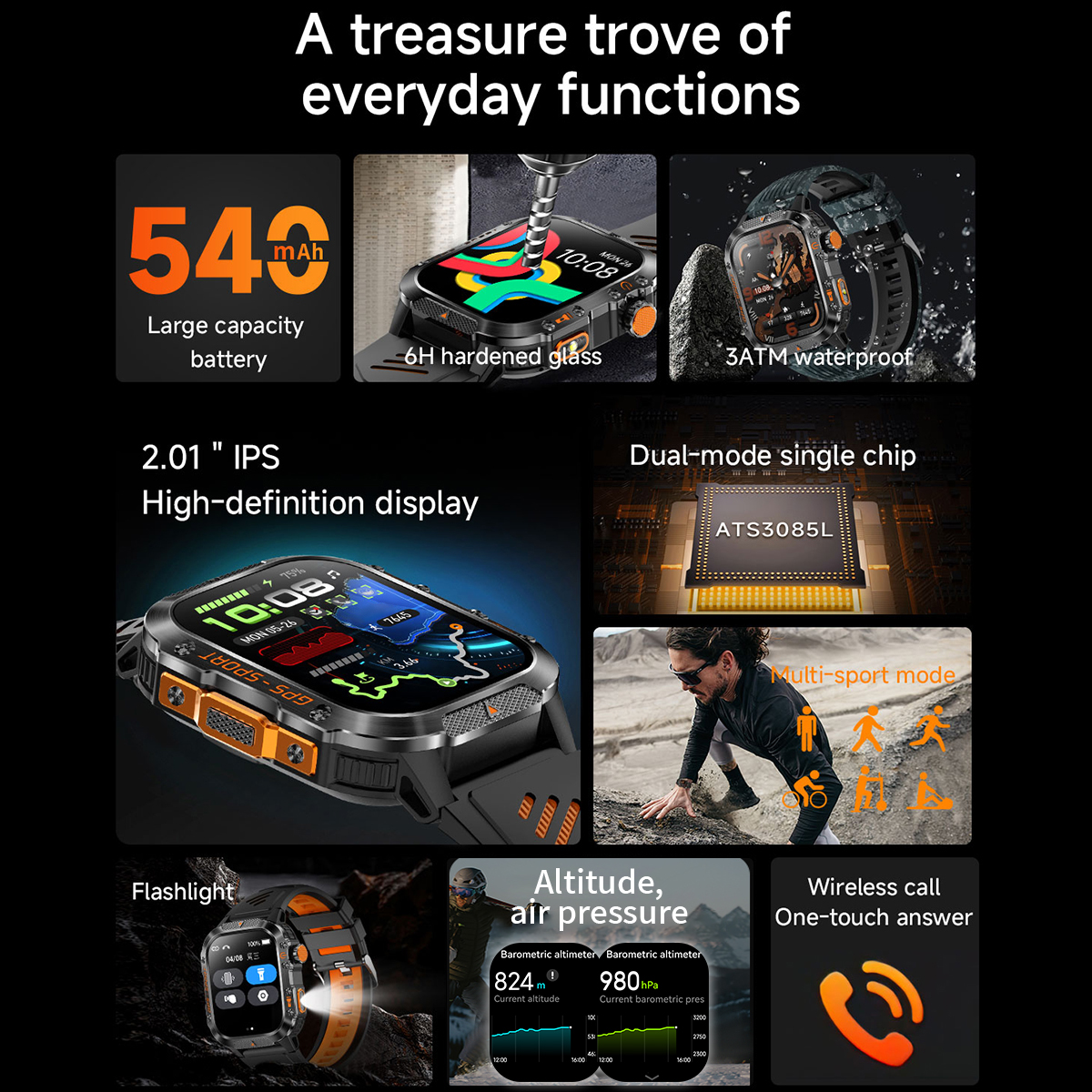 Nuovo accorto guarda costruito-in GPS a doppia frequenza Chiamata senza fili 3ATM Torcia portato impermeabile Bussola sport tutto'aria aperta da uomo Smartwatch