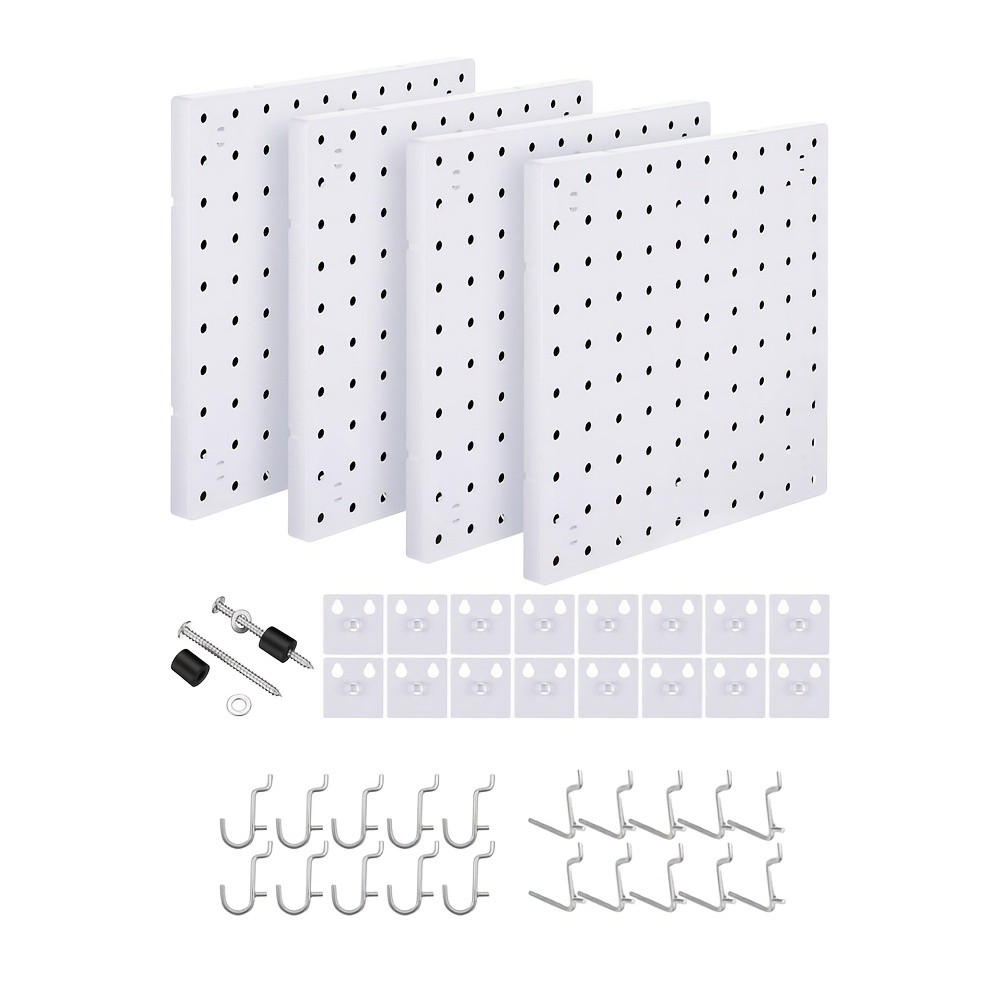Organizador de estante de pared con tablero de agujeros de plástico, Panel de tablero perforado de exhibición de montaje en pared para dormitorio, estudio, oficina, baño, garaje, 4 Uds.: Blanco
