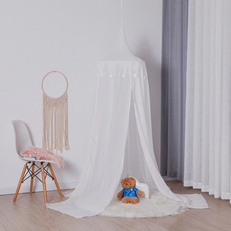 Nórdico cama do bebê dossel mosquiteiro rede berço com pompom cúpula redonda pendurado tenda crianças jogar tenda crianças quarto decoração: WHITE