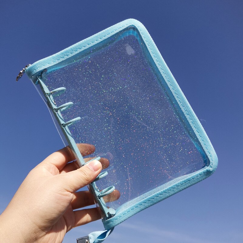 A5 A6 Losbladige Notebook Cover Glitter Rits 6 Gat Bindmiddel Clip Notepad: Blauw